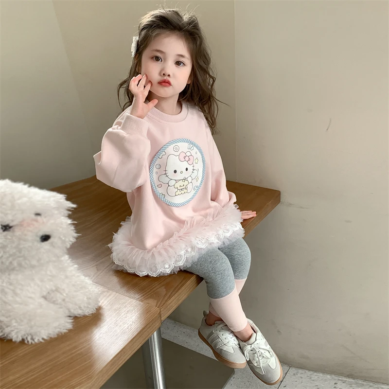 女童2025秋季儿童甜美可爱洋气百搭女宝宝卡通猫咪网纱花边套装