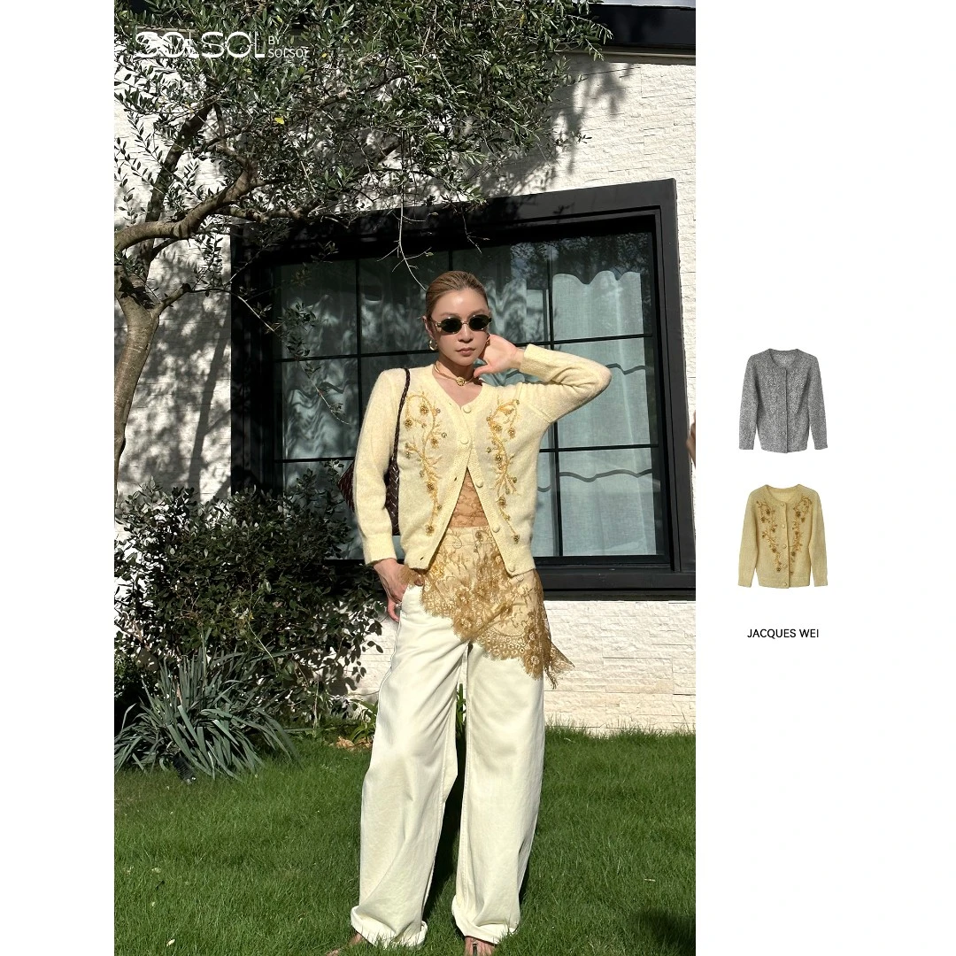 JACQUES WEI 25早秋纯欲高级感手工花卉串珠针织开衫 SOLSOL
