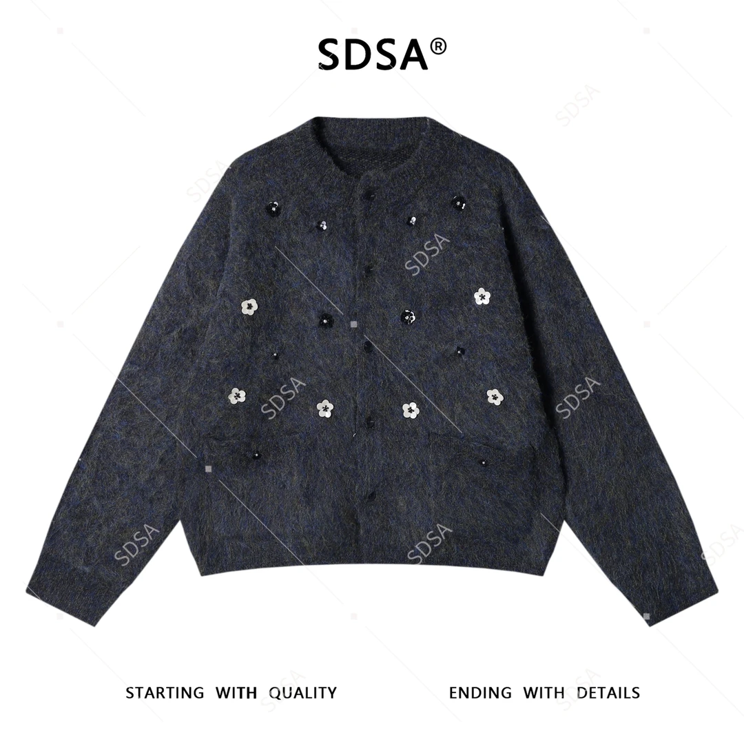 SDSA秋冬新款痞帅男装潮牌重工立体花朵装饰圆领针织衫百搭毛衣潮