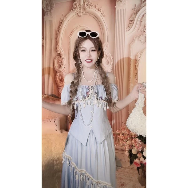 【崔】A0103 重工钉珠露肩短袖衬衫上衣松紧腰大裙摆中长裙两件套装