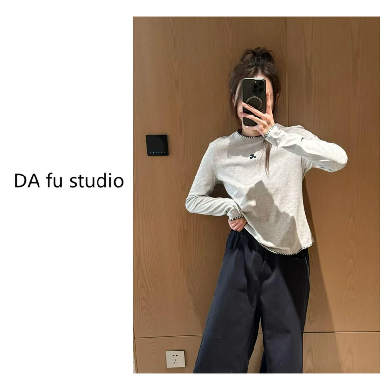 韩国东大门时尚百搭立体包边刺绣装饰长袖T恤女休闲打底上衣春