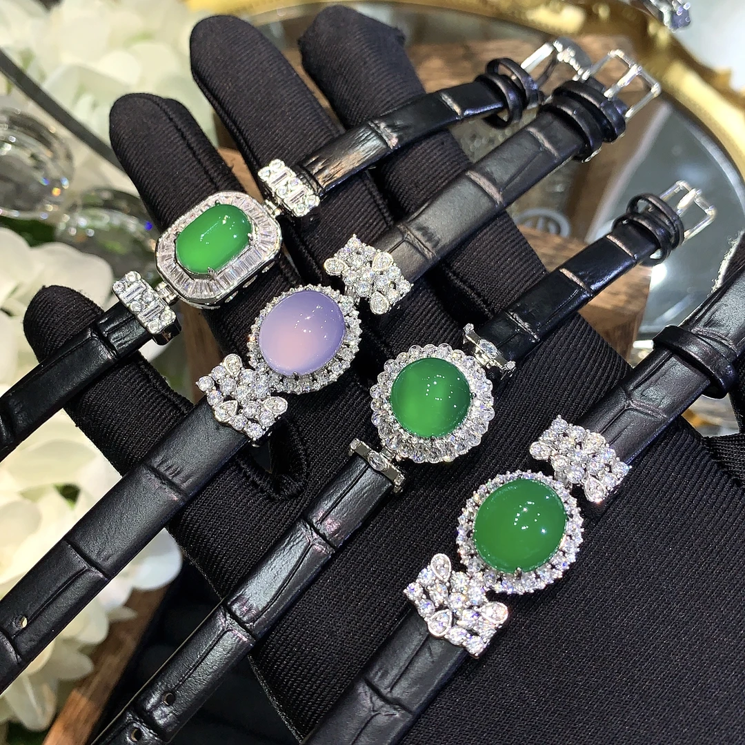 天然绿玉髓蛋面S925银镶手牌百搭时尚牛皮表带款手饰国检一物一证