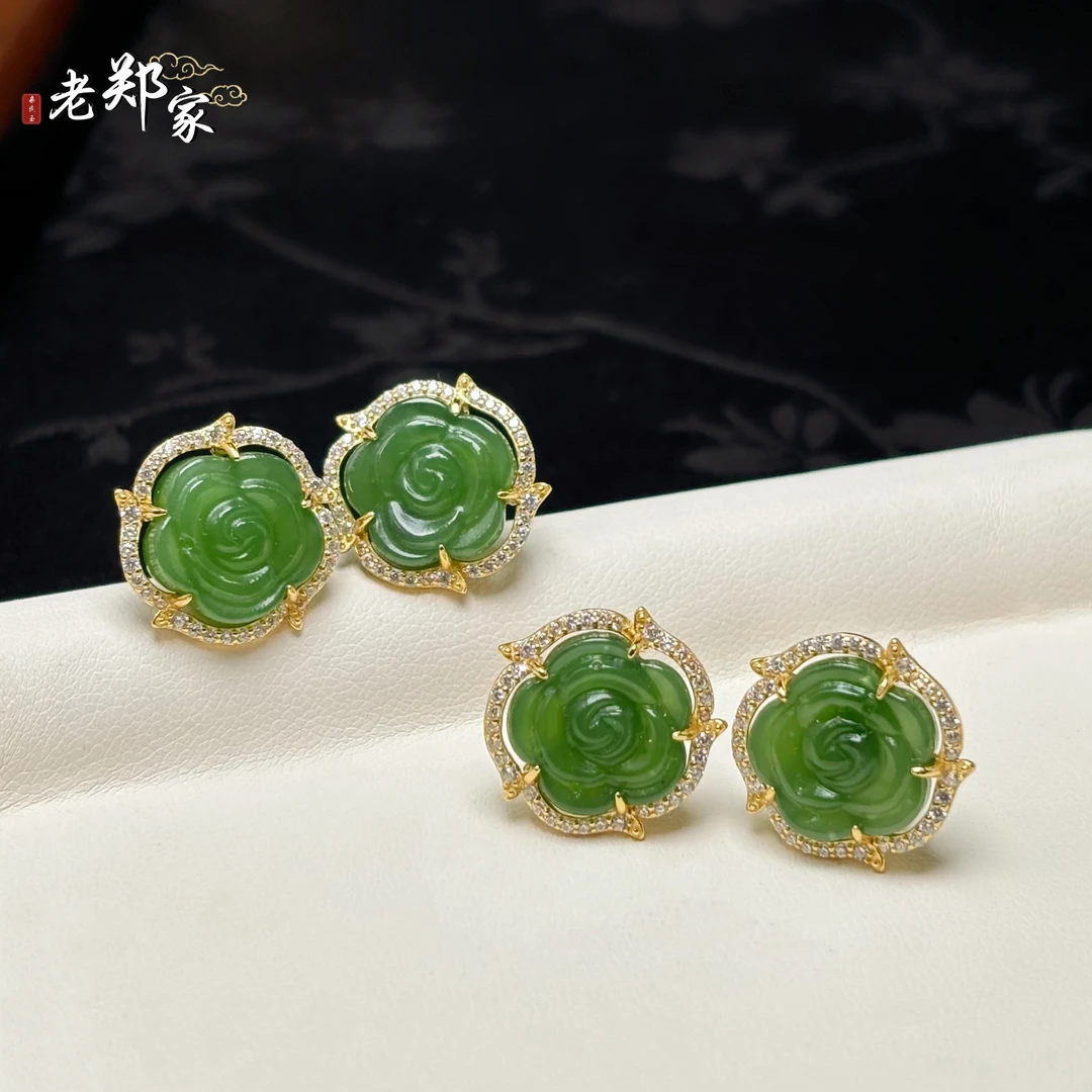 【老郑家】925银和田玉耳饰一对 132-1 多样性发1件 约12*5mm