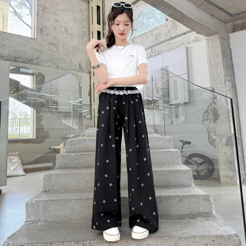 女童裤子夏装儿童蝴蝶结休闲裤夏季洋气时尚潮流中大童女孩阔腿裤