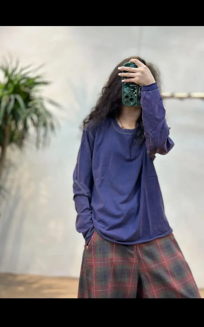 忆古补拙秋季新款纯棉做旧宽松百搭显瘦女士长袖t恤