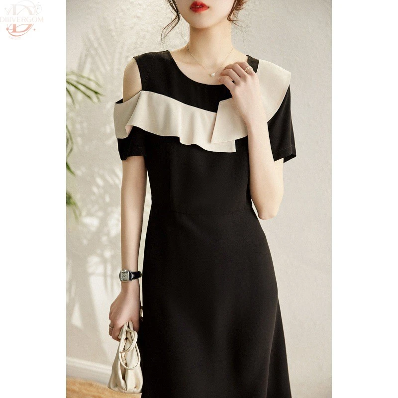 千金清冷感夏季拼色荷叶边单侧露肩连衣裙收腰显瘦字裙子