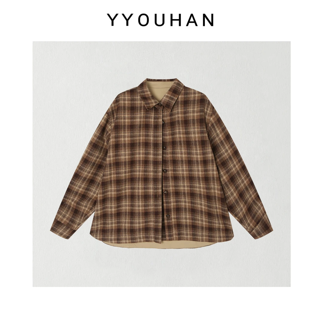 月月 2025冬季新款小众设计极简显瘦百搭撞色格子衬衫 2512C8819