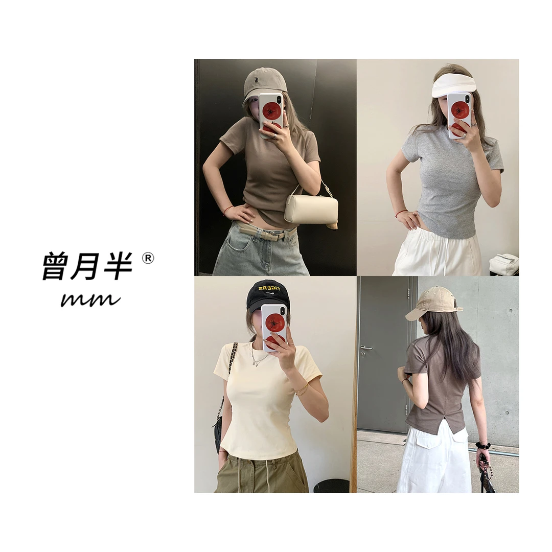 曾月半《腰封T》反转魅力圆领后开叉收腰修身T恤！ZS1158