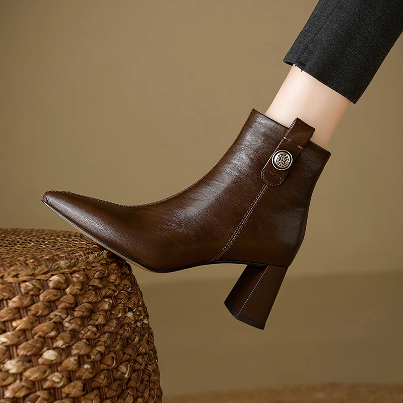 李大龙~牛皮6.5公分/百搭英伦风侧拉链粗跟短靴高跟尖头瘦瘦靴