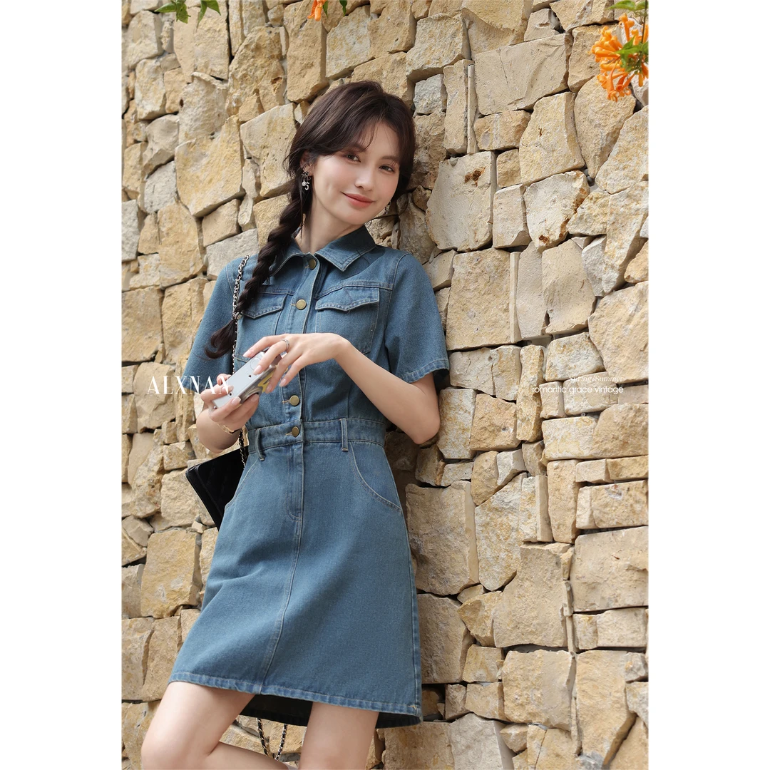 鹿向南「粉丝福利」法式复古蓝色短袖连衣裙女夏季短款牛仔裙L55201