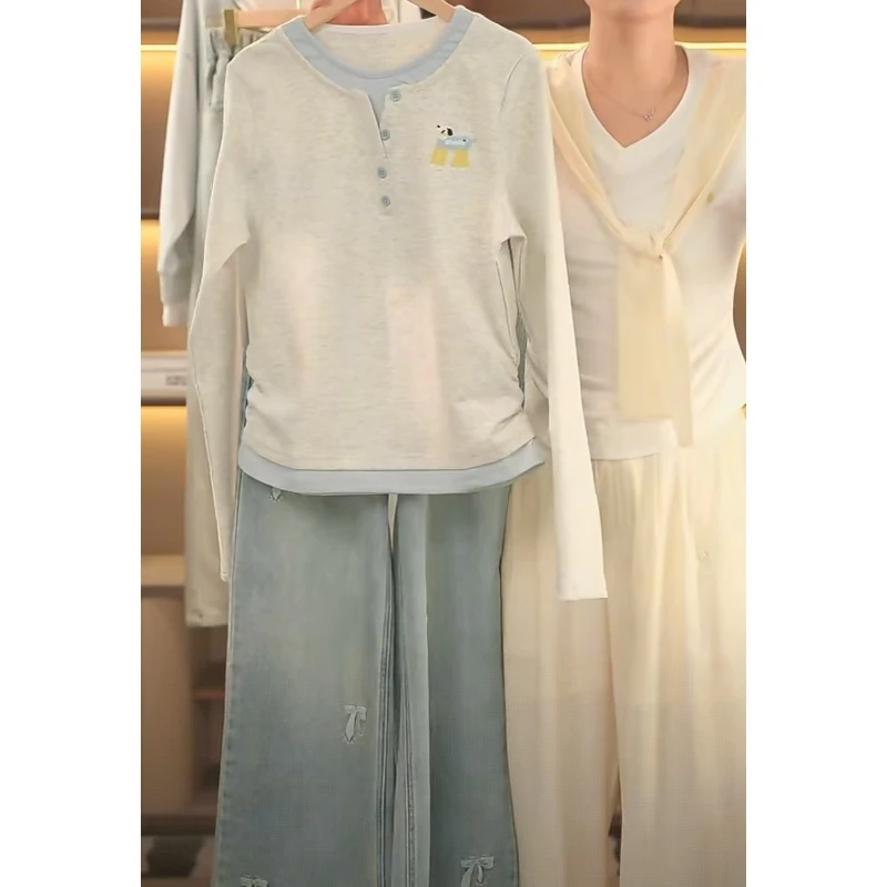 现货！女童长袖打底衫2025新款春秋款中大童假两件拼接卫衣T恤刺绣