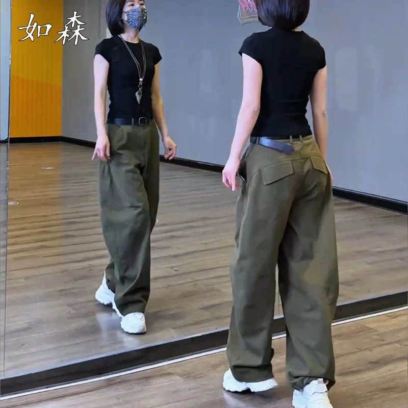 复古墨绿色工装休闲裤女夏季薄款大码胖mm宽松小个子直筒阔腿裤