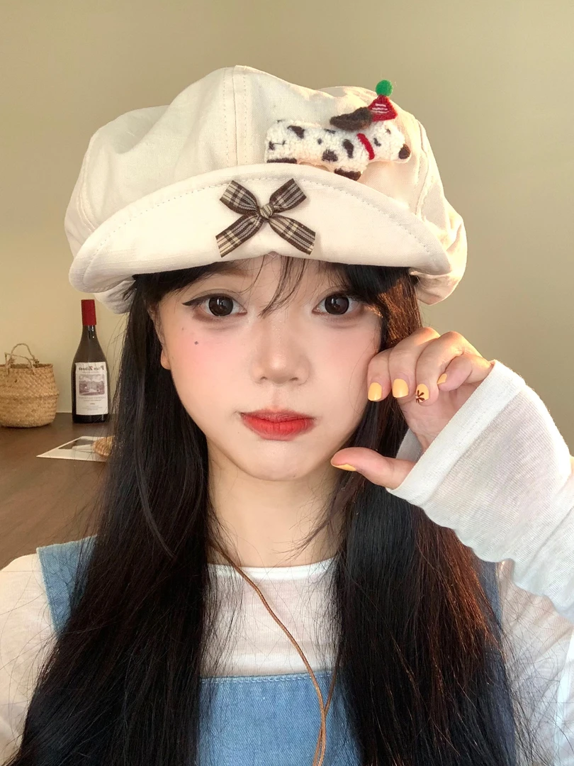 日系可爱卡通玩偶大头围翻檐八角帽子女春夏季甜美百氛围感贝雷帽