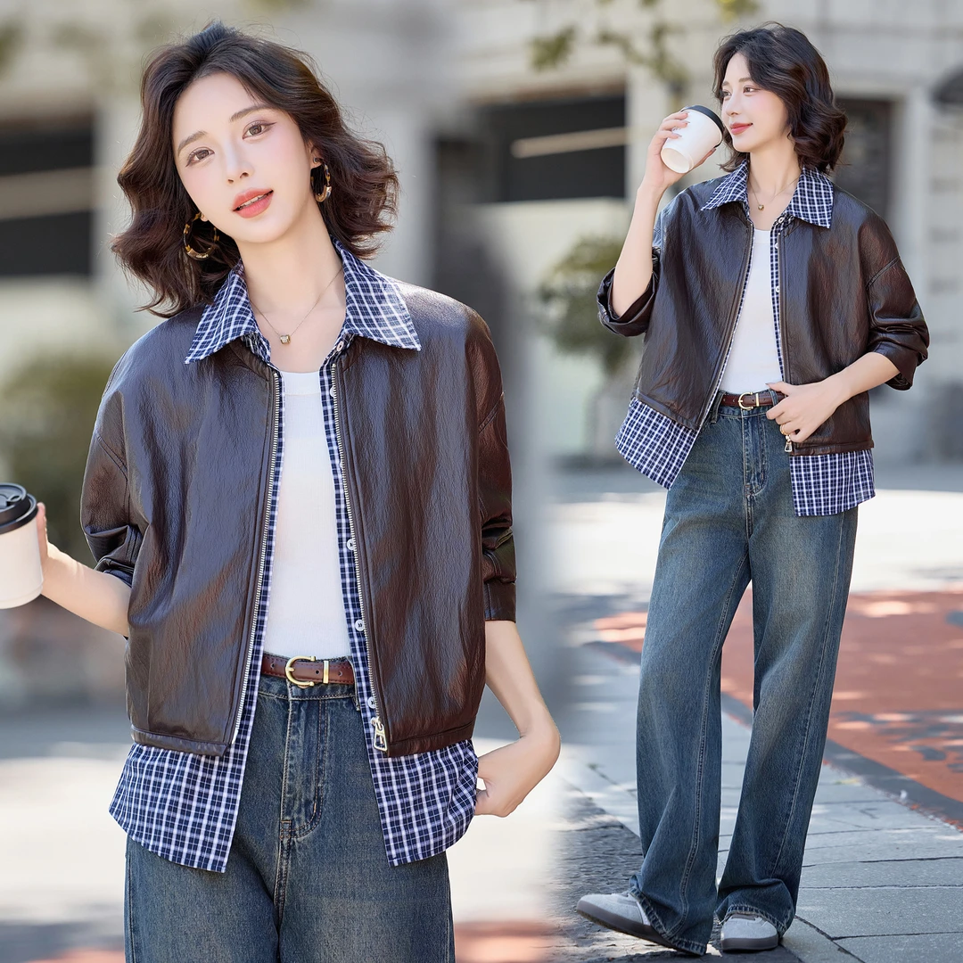 韩版时尚假两件格子短外套女2025年秋季新款小个子显瘦PU皮衣夹克