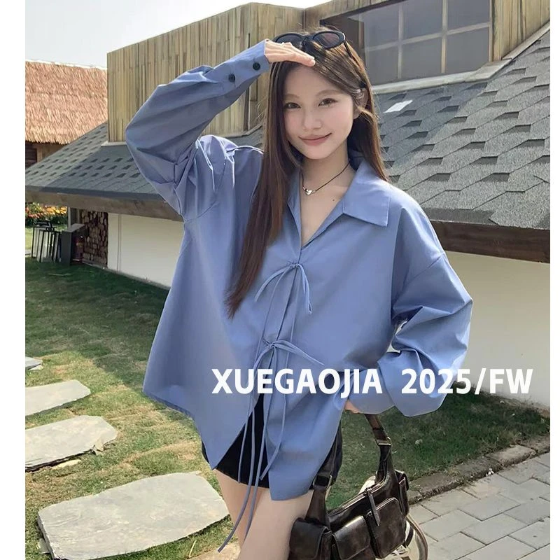 DAHUAN大荒家 蓝色翻领蝴蝶结系带衬衫上衣女秋季设计感小众