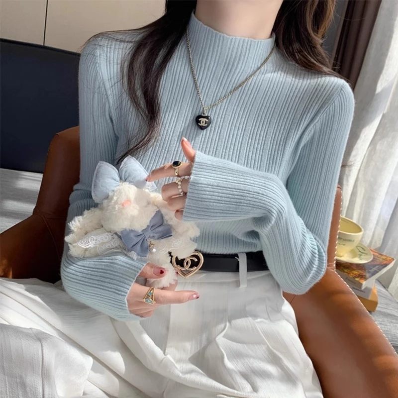 蓝色半高领坑条针织衫女内搭2025秋冬新款高级感毛衣长袖打底上衣