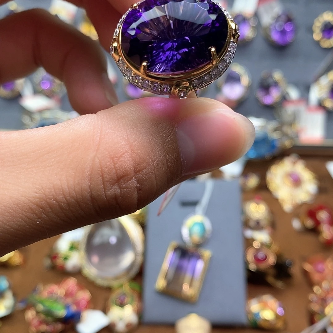 水晶戒指银S925镀金镶嵌