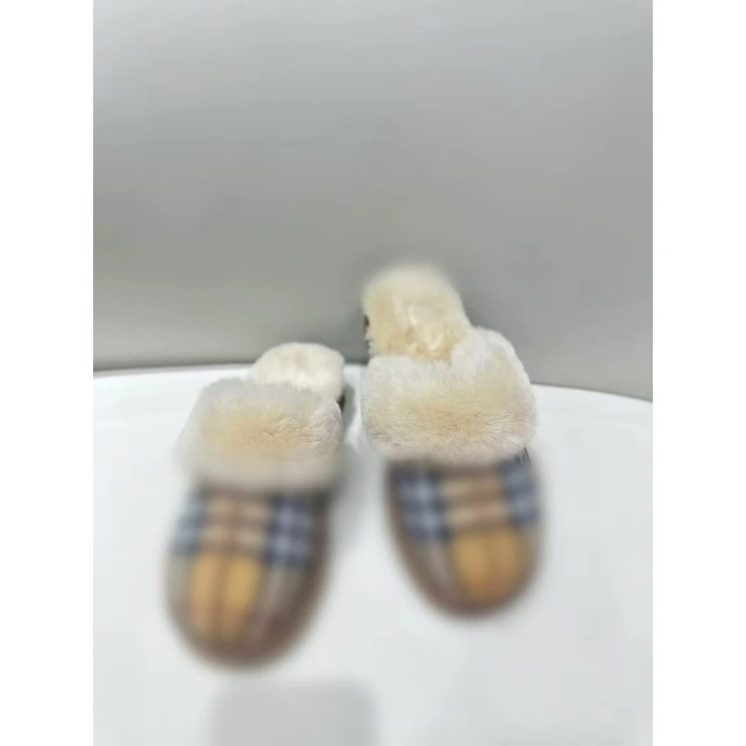 【BOGELUO】防滑加绒厚底百搭时尚潮流休闲秋冬格子半拖拖鞋W03318