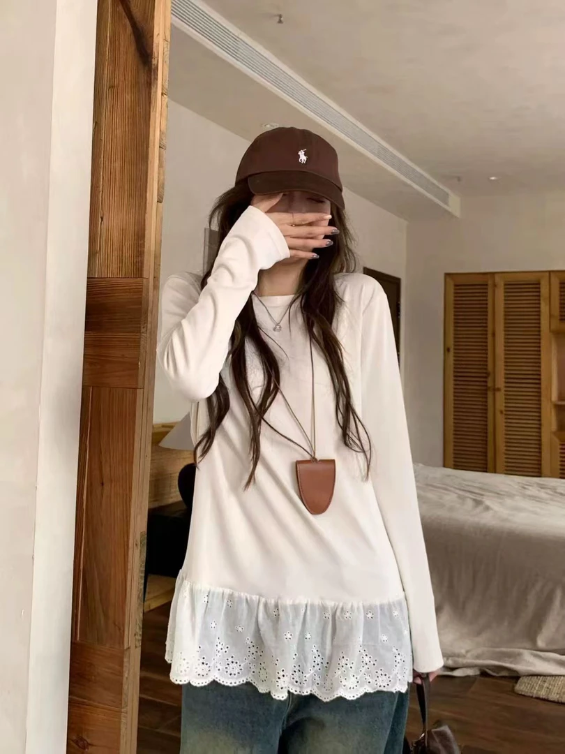 【小王家】新款冬季胖mm屁帘磨毛拼接蕾丝加长大码女装打底衫