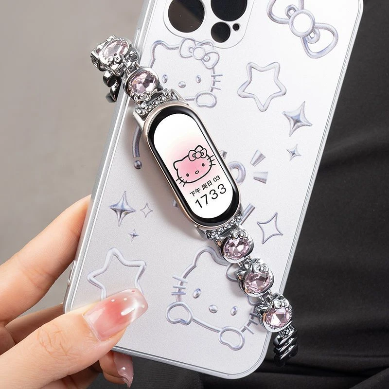 闪钻KT猫ins风适用小米手环9/8/7/6nfc表带可爱镶钻腕带手表链条