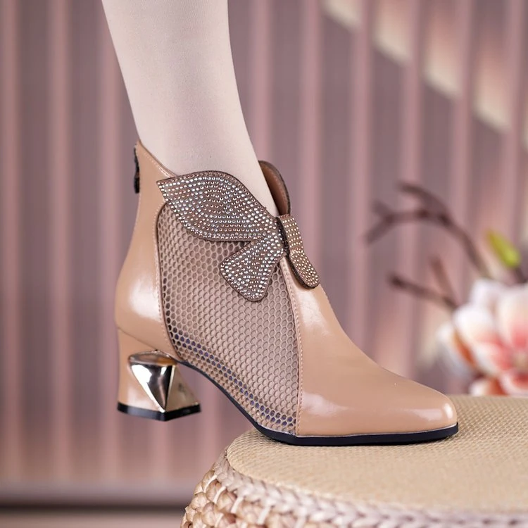 尖头透气网面镂空粗跟夏季短靴2025春秋新款水钻高跟时尚妈妈凉靴