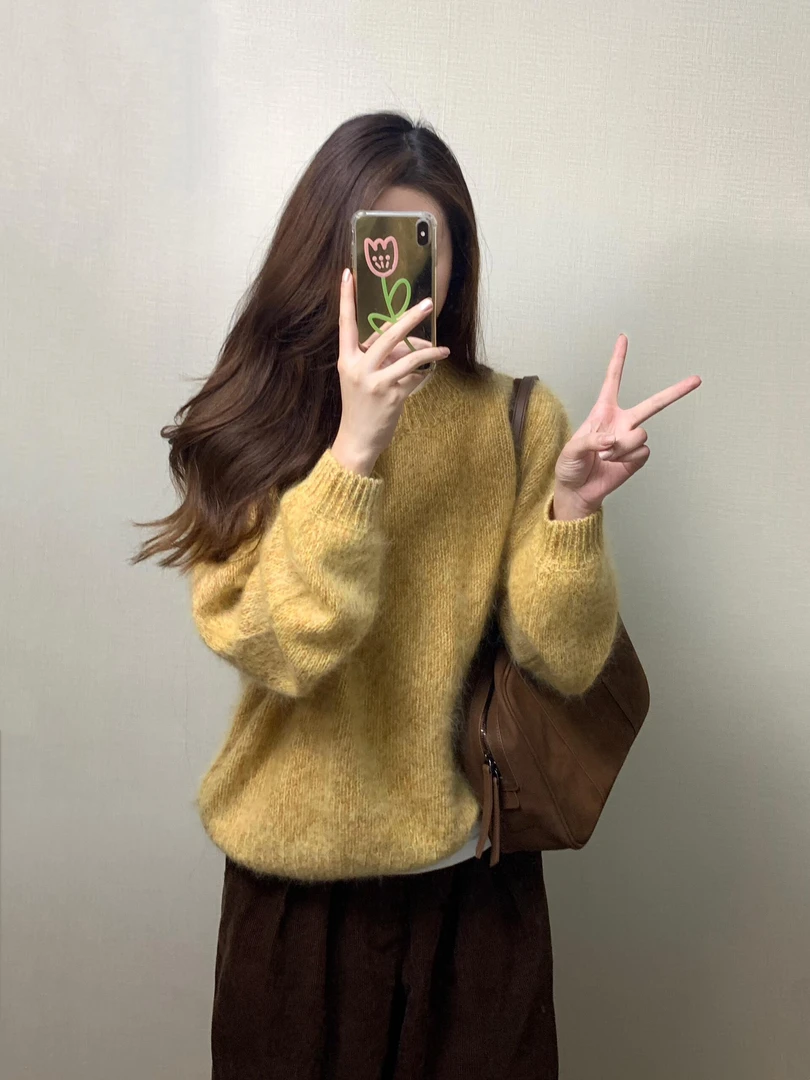 2025秋季新款慵懒风黄色圆奶fufu软糯宽松针织衫上衣百搭阔腿裤