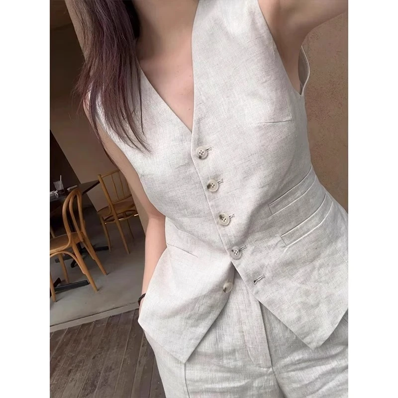 2025夏季新款老钱风气质亚麻马甲套装女时尚无袖上衣休闲裤两件套