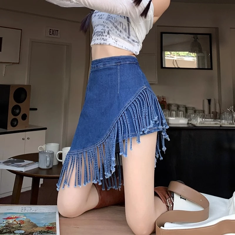 美式流苏牛仔半身裙子女夏季新款弹力高腰a字设计不规则辣妹裙裤