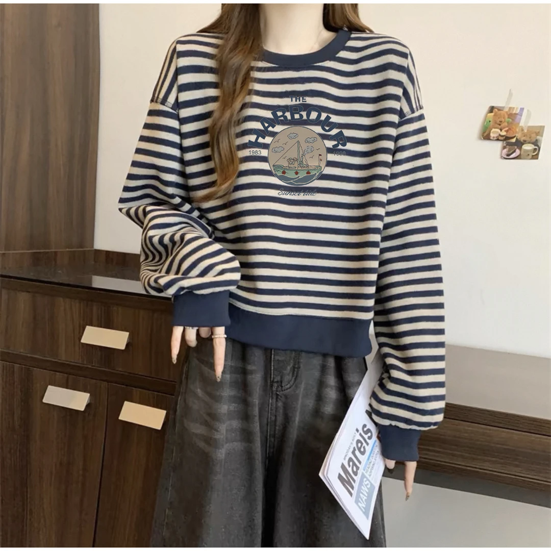 韩版时尚印花藏青色经典撞色条纹显瘦圆领套头长袖T恤女2025年春