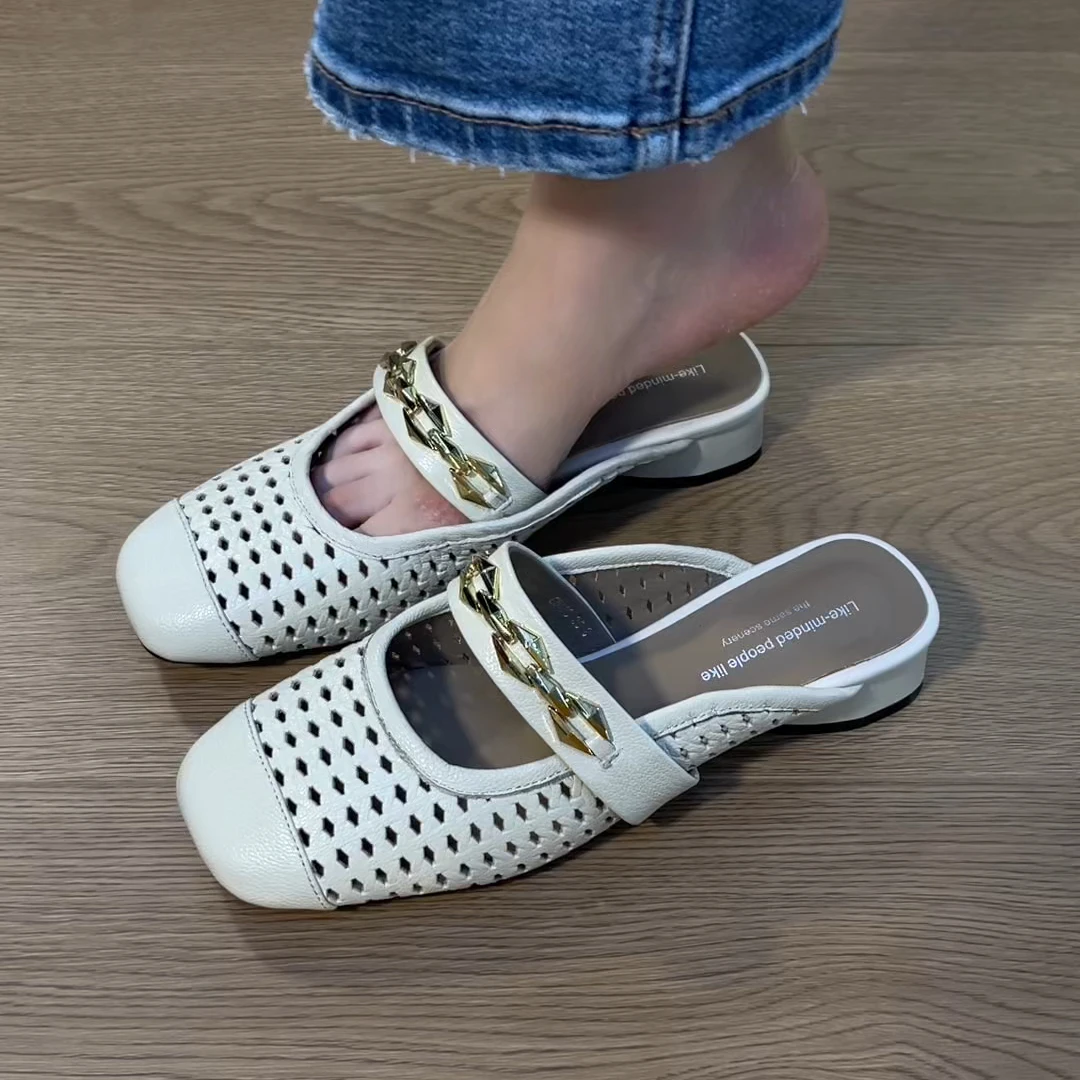 新款夏季日系半拖配裙子气质包头拖鞋超软羊皮低跟镂空半拖鞋外穿