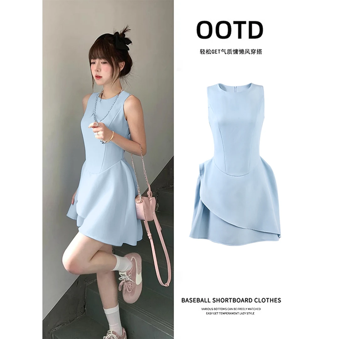 蓝色无袖连衣裙短款裙子女夏季短裙掐腰裙夏日多巴胺小裙子背心裙