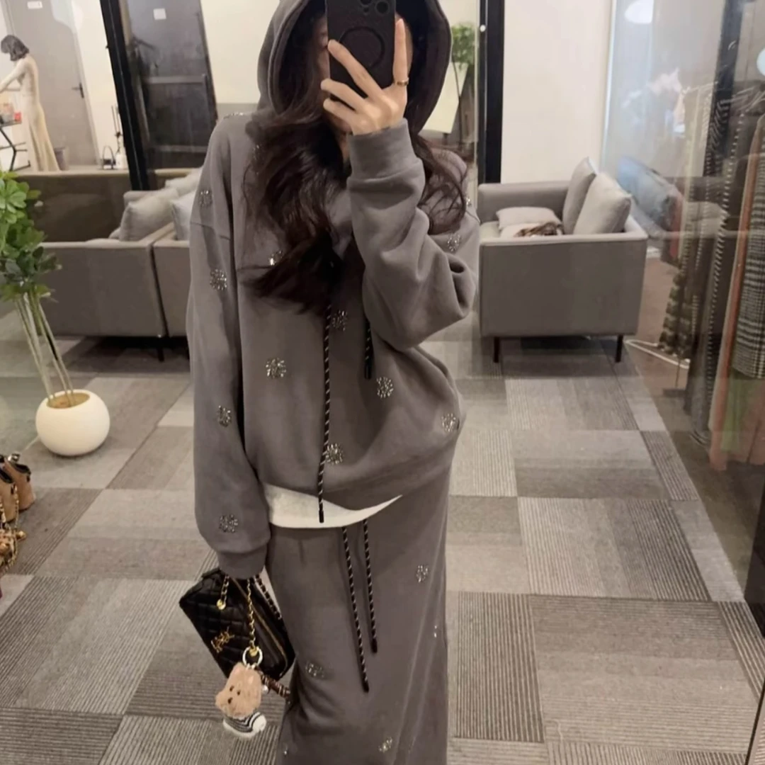 【OS&oneshow】时尚休闲女冬季烫钻连帽卫衣阔腿长裙长袖t恤三件套