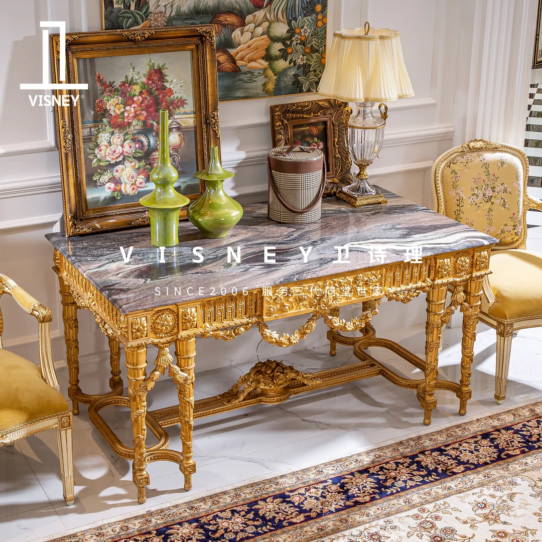 卫诗理高端奢华欧式金箔实木玄关桌法式大理石玄关台S9