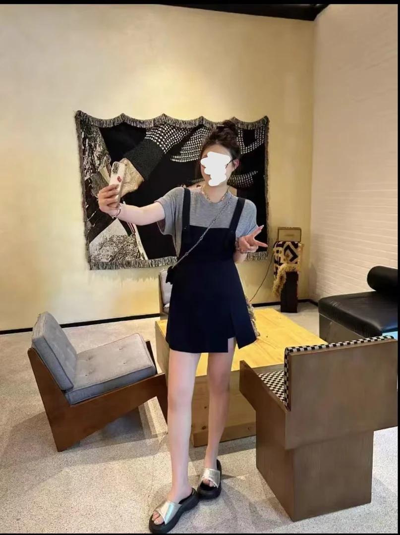 现货 时尚减龄休闲高腰背带裙+半袖套装522572衣22571长22572短
