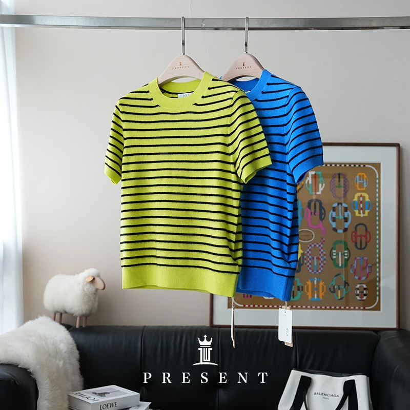 老宝娘家丨J*C匠心山羊绒条纹简约圆领短袖套头针织衫25春款女