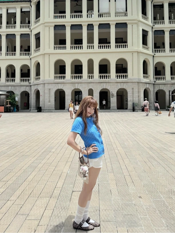 夏季小众松弛感百搭系带褶皱松紧腰蓝色休闲长裤女