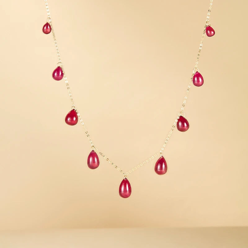 ECI 红宝石（处理）【绛辰】红宝石项链素面水滴满天星18K黄金项链