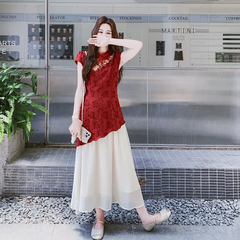 新中式国风红色拼接假两件刺绣连衣裙女2025夏季新款显瘦气质裙子