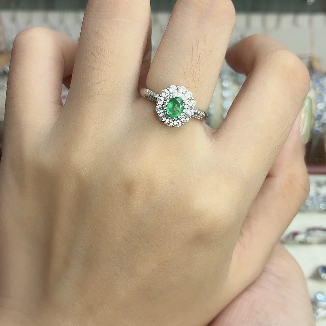 祖母绿戒指银S925镶嵌