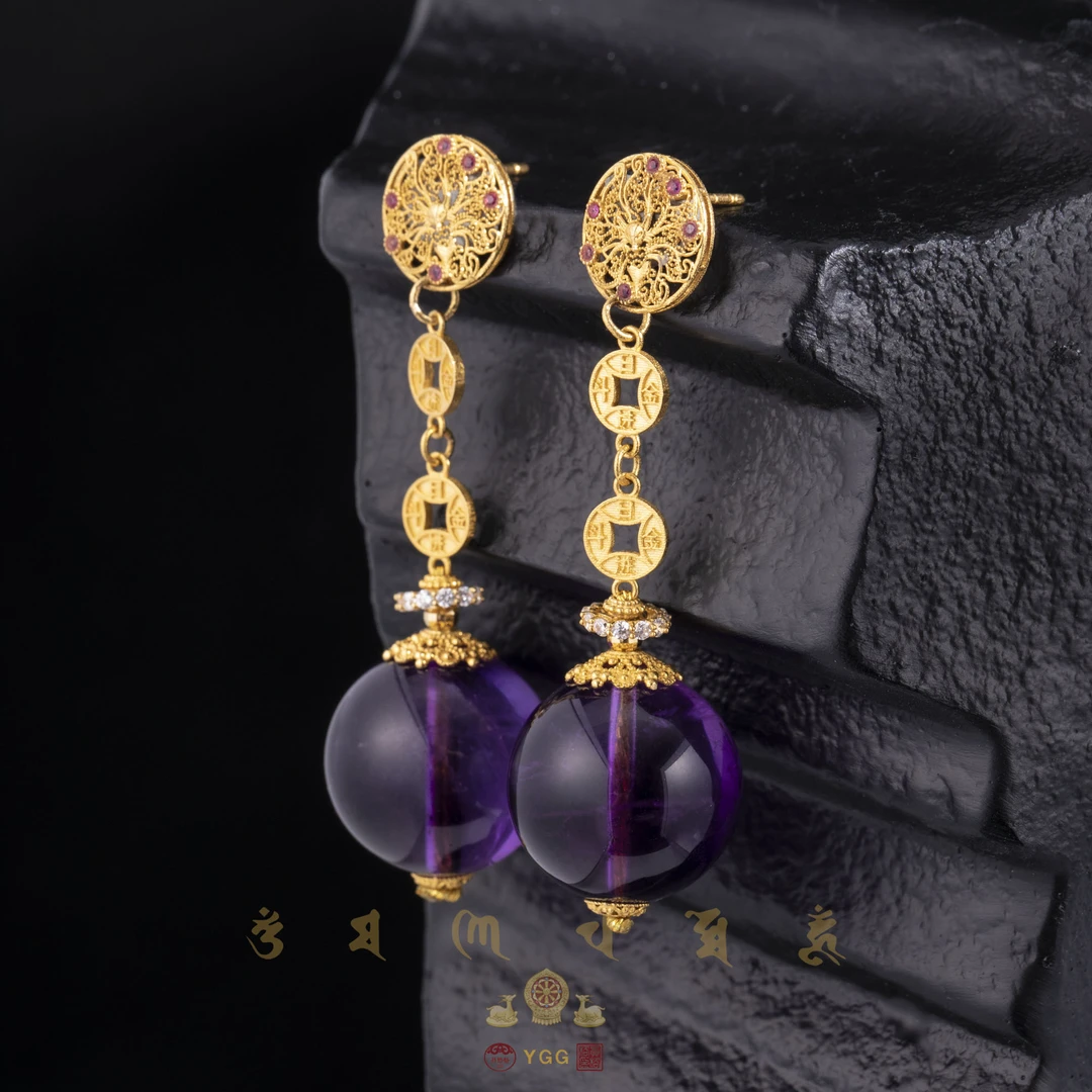 员格格「势·紫凤凰」18K金凤九/紫水晶大单珠耳坠/HFDS03
