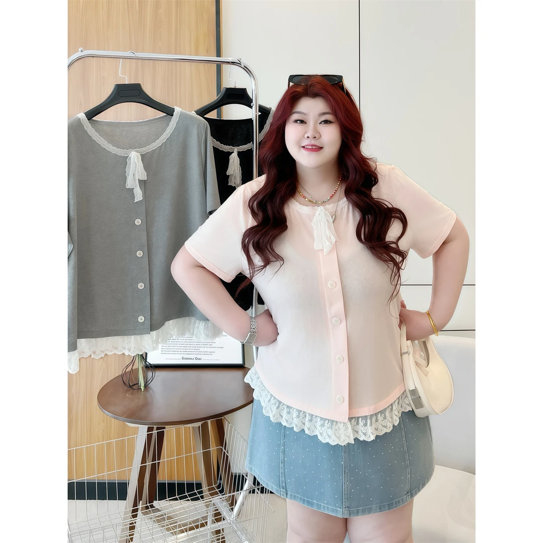 断码捡漏~椰果甜梦 / 假两件正肩蕾丝T恤14866花契大码胖mm200斤