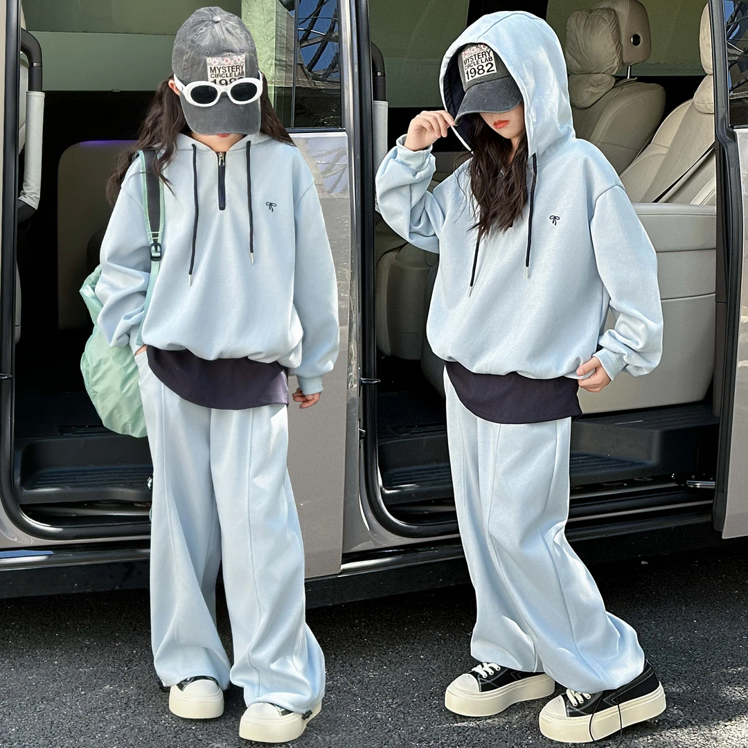 女童套装秋款2025新款洋气休闲阔腿裤时尚连帽卫衣女大童宽松秋装