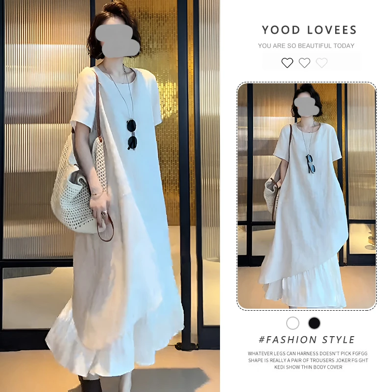 2025夏新款韩版圆领时尚气质显瘦设计感假两件连衣裙百搭长裙女装
