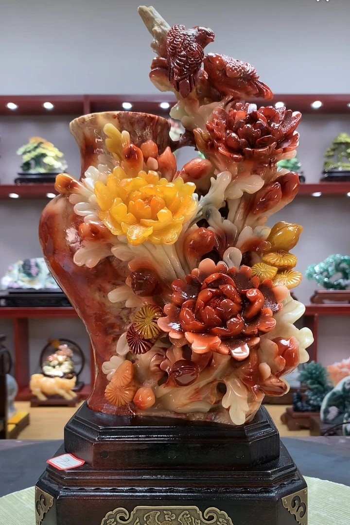 7091家居装饰摆件玉石雕刻电视柜玄关新中式创意书房山水花鸟白菜