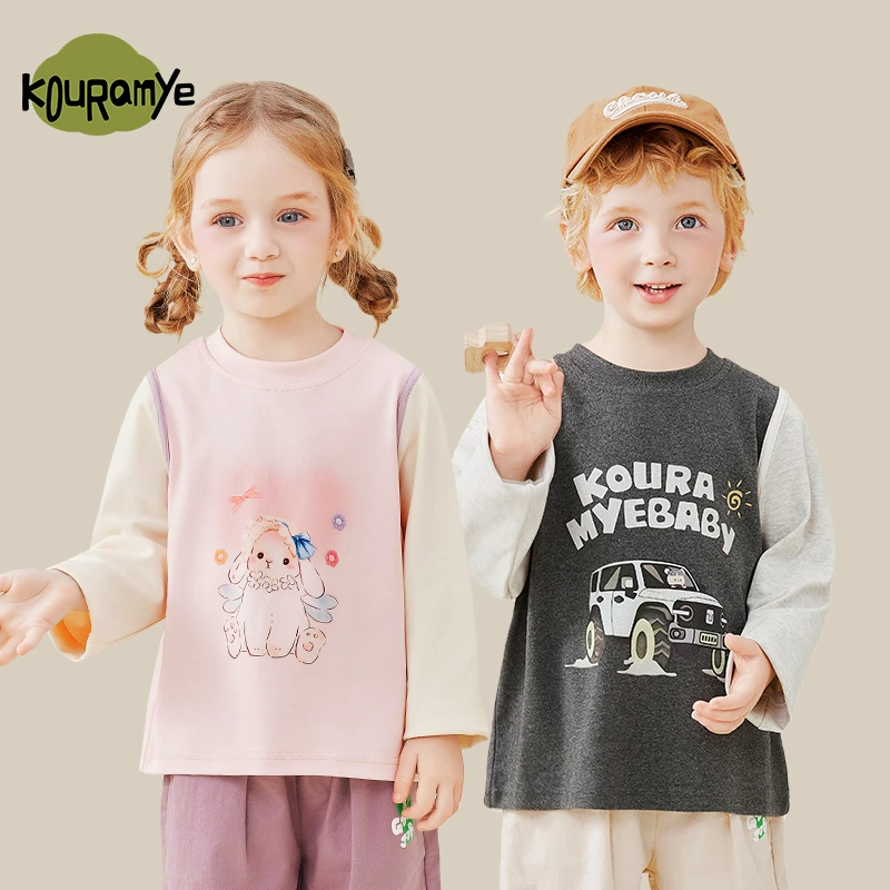 酷娃米2025年春季新款中小童百搭圆领撞色卡通打底衫20731