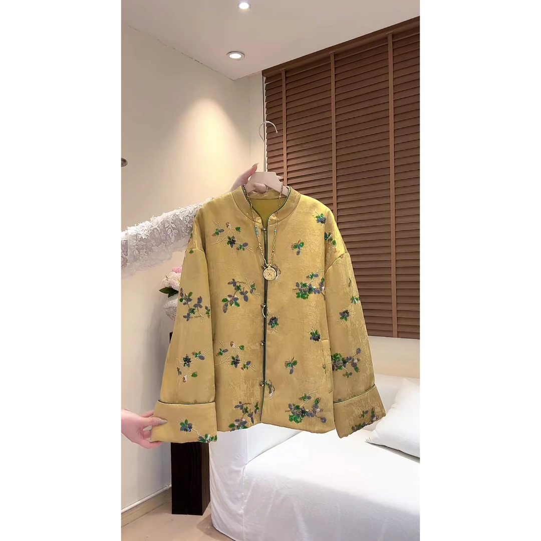 “金枝玉叶”新中式国风提花刺绣订珠棉服外套冬季加厚保暖