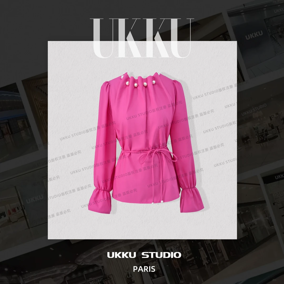 文文【UKKU STUDIO】小众简约纯色款宽松圆领珠珠女装上衣314583