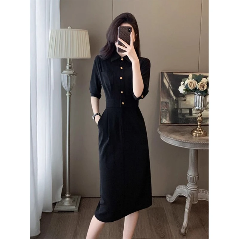 黑色法式polo休闲洋装女早秋收腰显瘦气质通勤赫本风衬衫长裙子