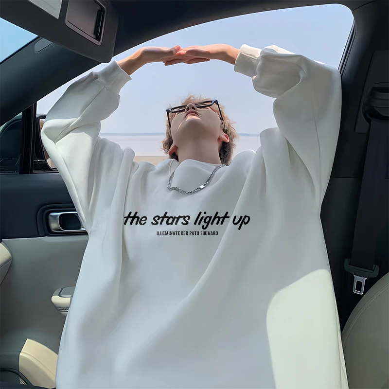 白色圆领卫衣男生秋冬季美式潮牌2025新款宽松长袖加绒内搭打底衫