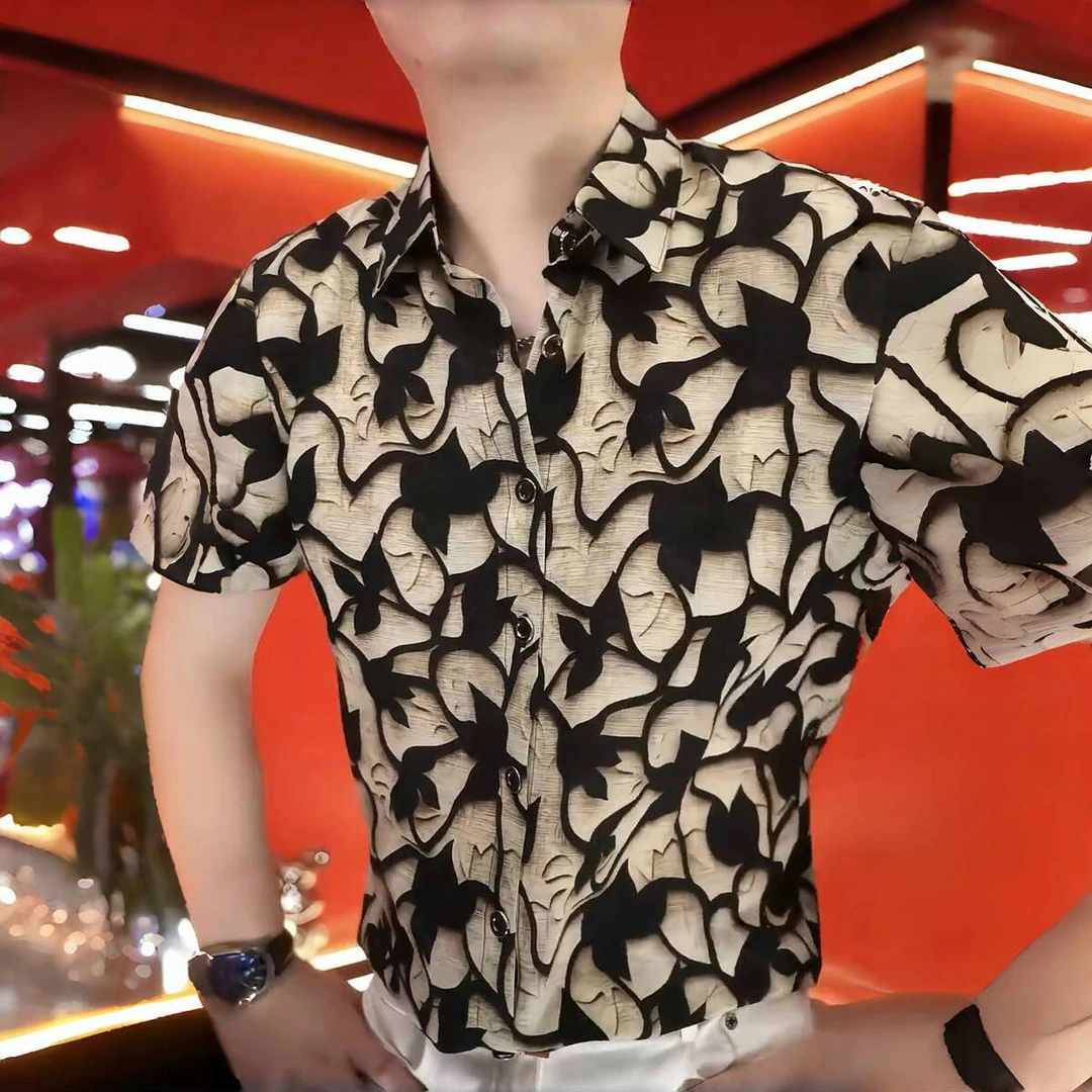 《花影交织》2025夏季轻奢衬衫时尚休闲百搭潮流翻领商务个性男修身